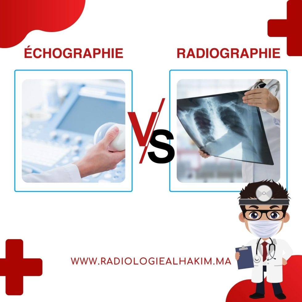 Illustration des examens d'échographie et de radiographie, deux techniques de diagnostic médical complémentaires utilisées au Centre Radiologie Tanger.